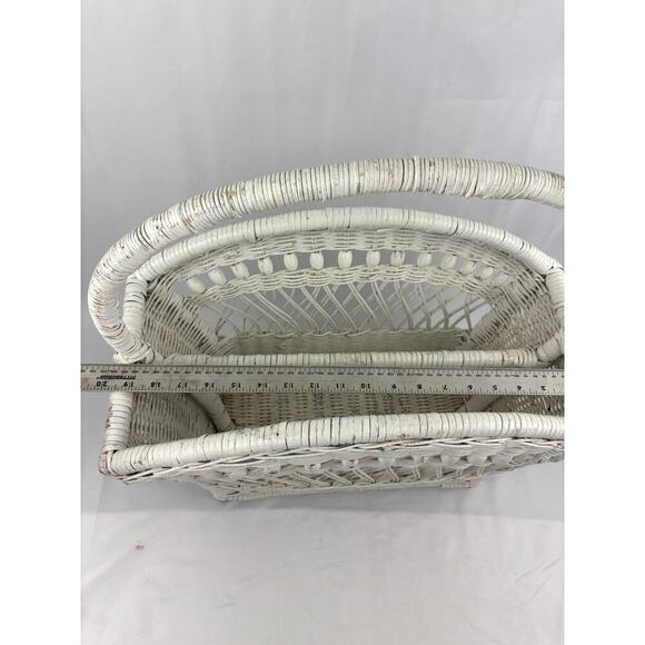 Vintage White Wicker Magazine Basket Holder Wooden 19.5" 1960's Storage Rack - Picture 6 of 16